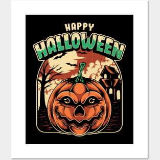 Halloween pumpkin and haunted house Posters and Art